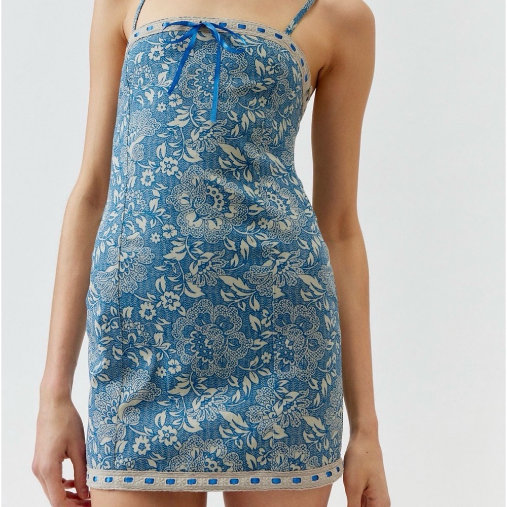 Blue Floral Mini Dress with Spaghetti Straps